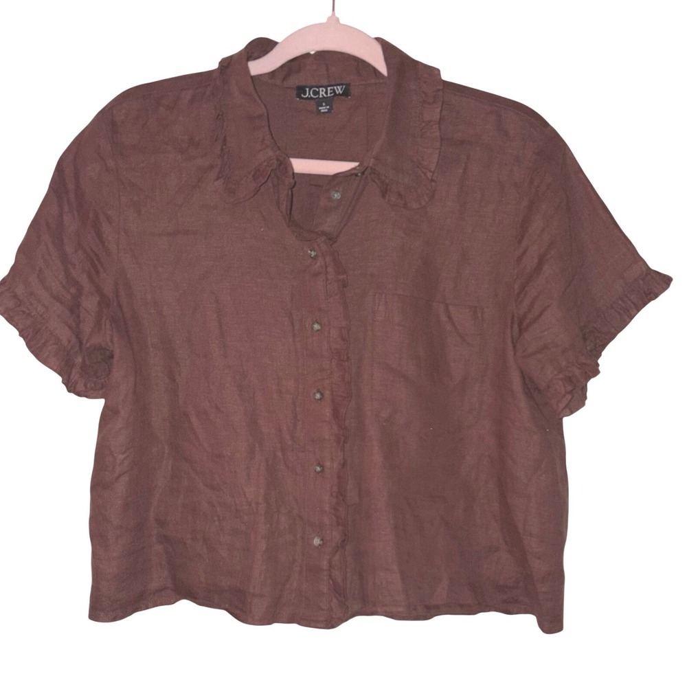 J Crew 100% Linen Boxy Cropped Short SLeeve top blouse with ruffle sz S